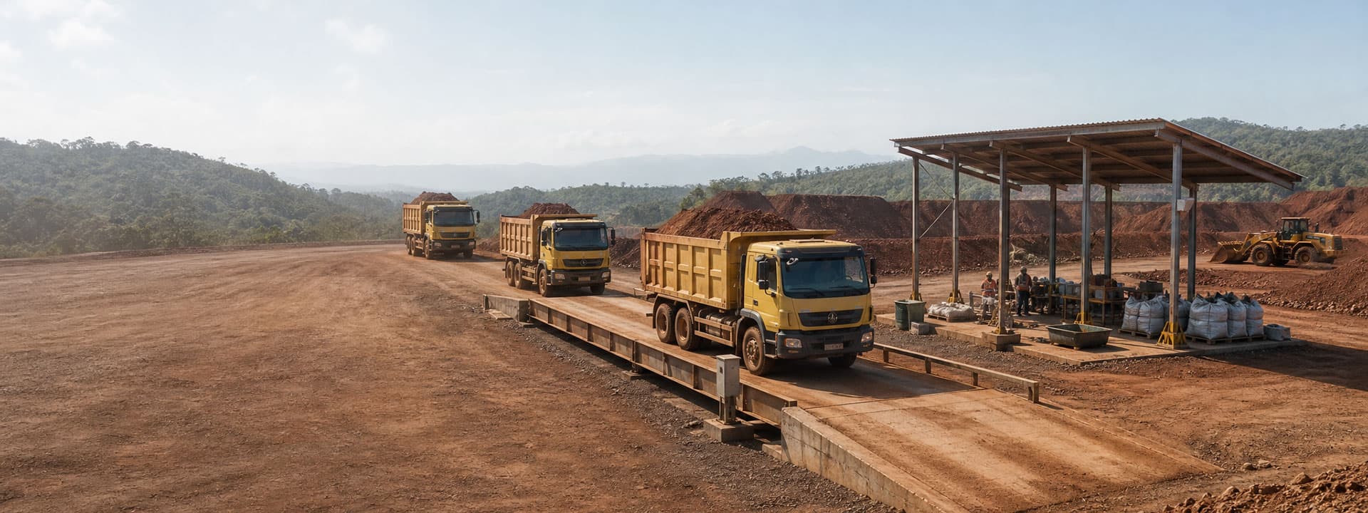 Jembatan timbang dan titik pemeriksaan muatan bijih nikel di yard logistik mitra PT Artha Mineral Niaga